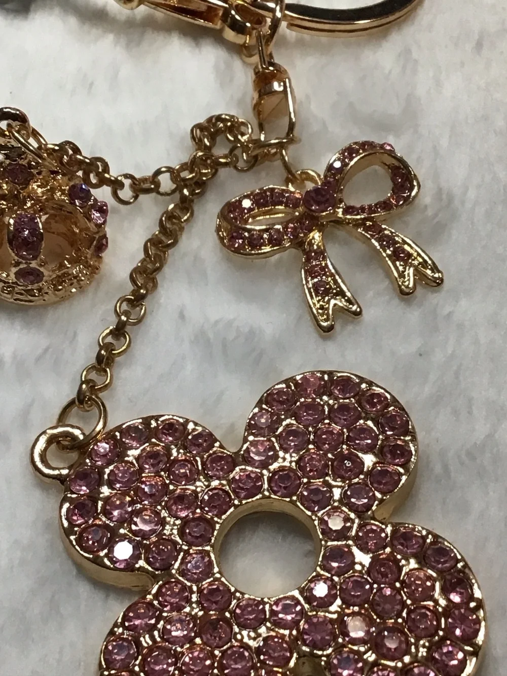 Gold-Tone Pink Crystal Flower Keychain with Bow Charm